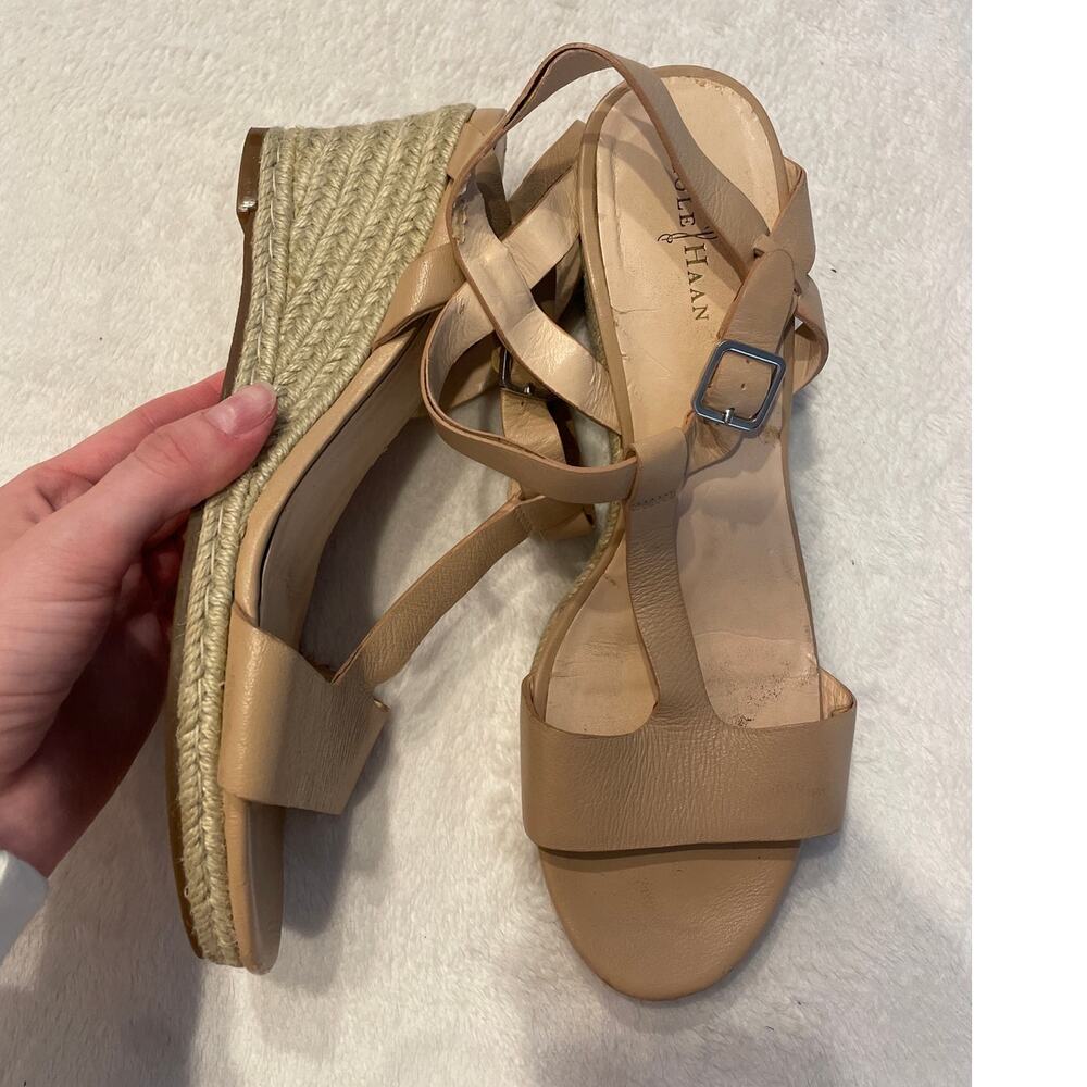 COLE HAAN Elizabeth Wedge Sandals Women's 8.5B Beige T-Strap Espadrille Open Toe